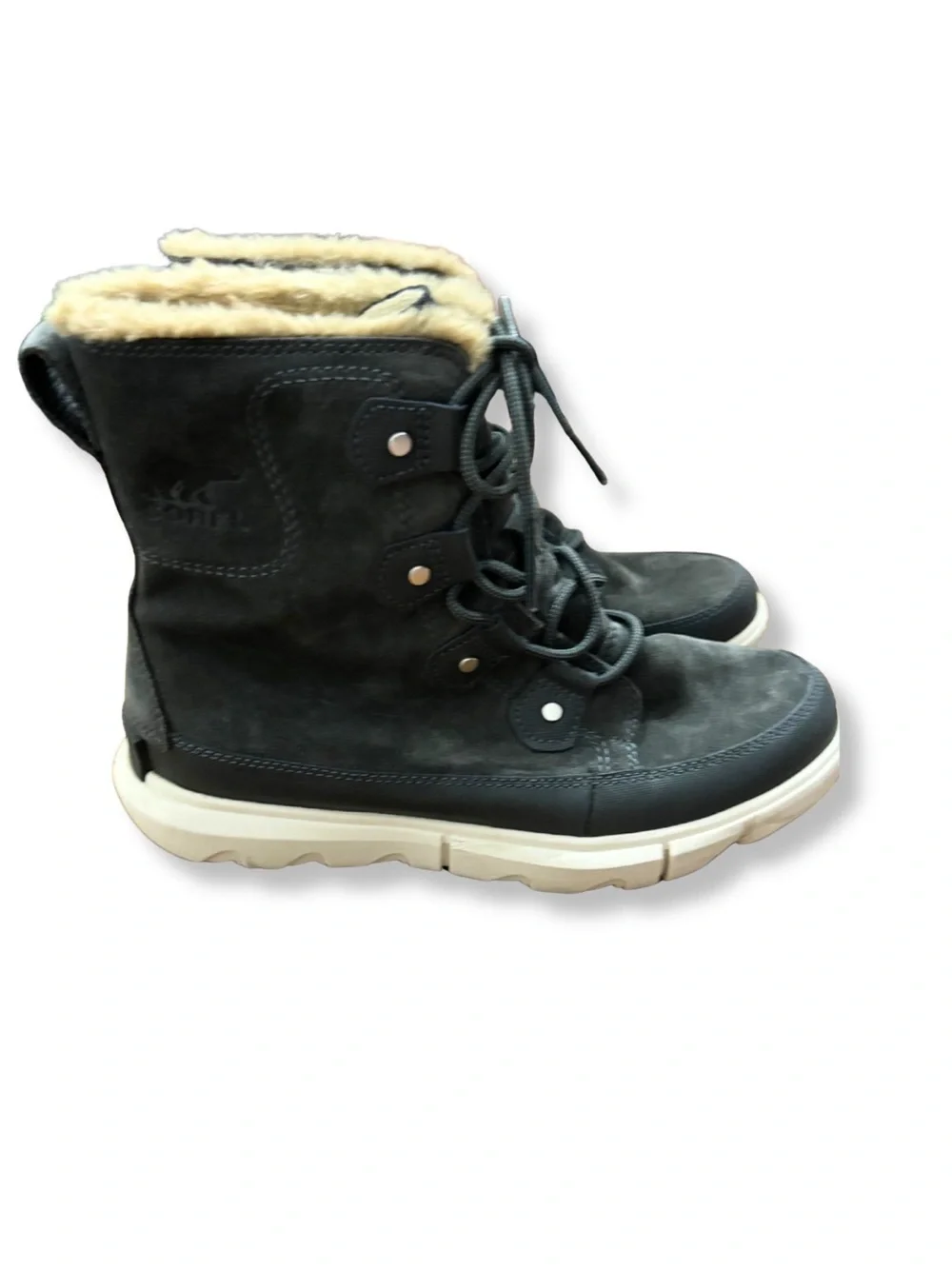 Sorel Explorer Joan Faux Fur Waterproof Boots Women’s Size 8 Charcoal Gray